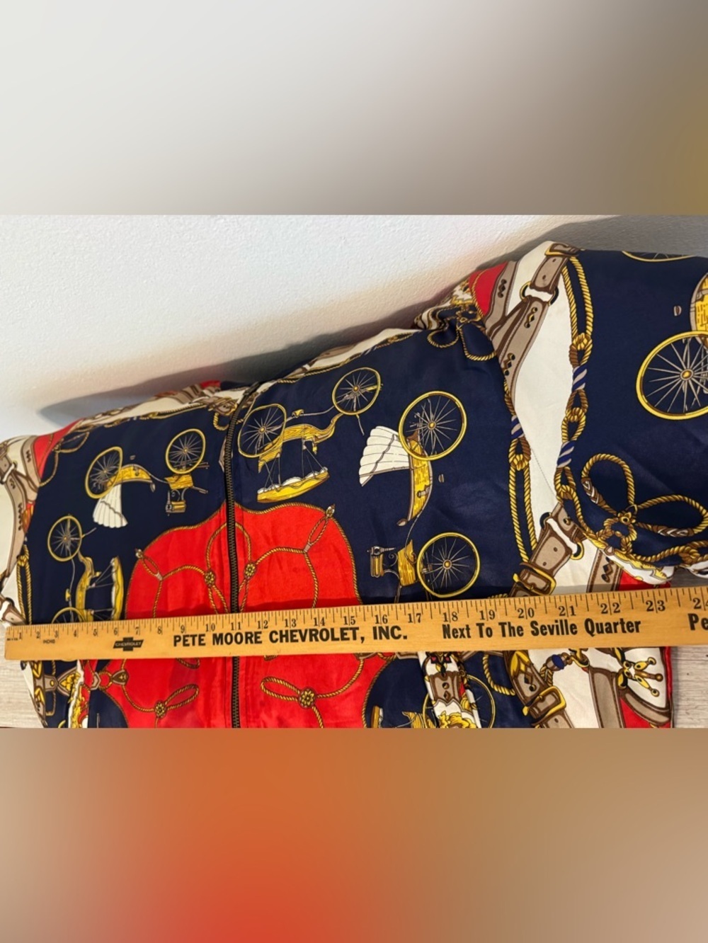 Vintage Angela Tong Bomber Jacket Equestrian Scarf Print Red Navy Retro M *READ* - Picture 9 of 13